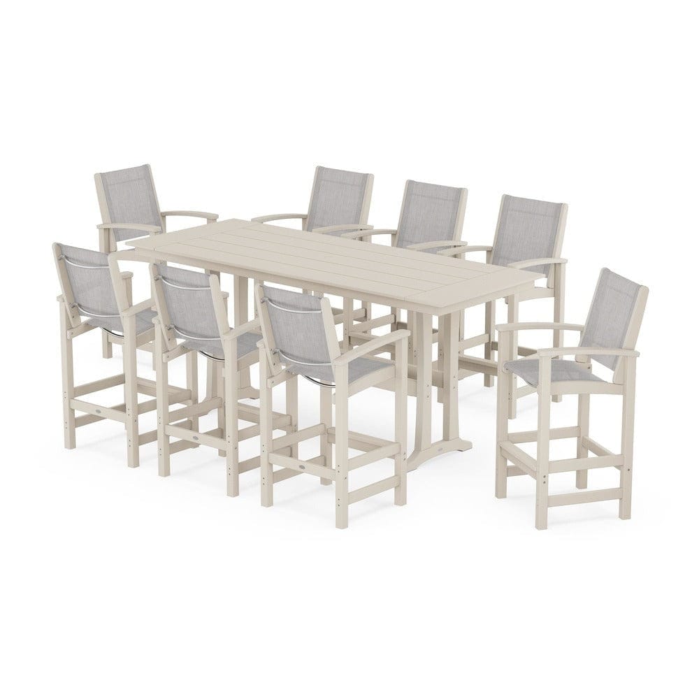 POLYWOOD® Outdoor Furniture Sand / Parchment Sling POLYWOOD® - Coastal 9-Piece Farmhouse Bar Set with Trestle Legs - PWS1915