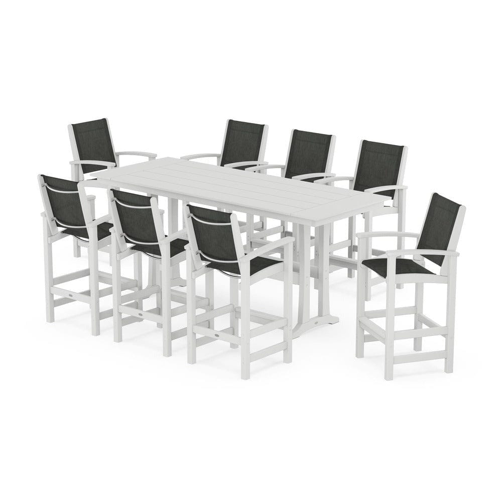 POLYWOOD® Outdoor Furniture White / Ember Sling POLYWOOD® - Coastal 9-Piece Farmhouse Bar Set with Trestle Legs - PWS1915
