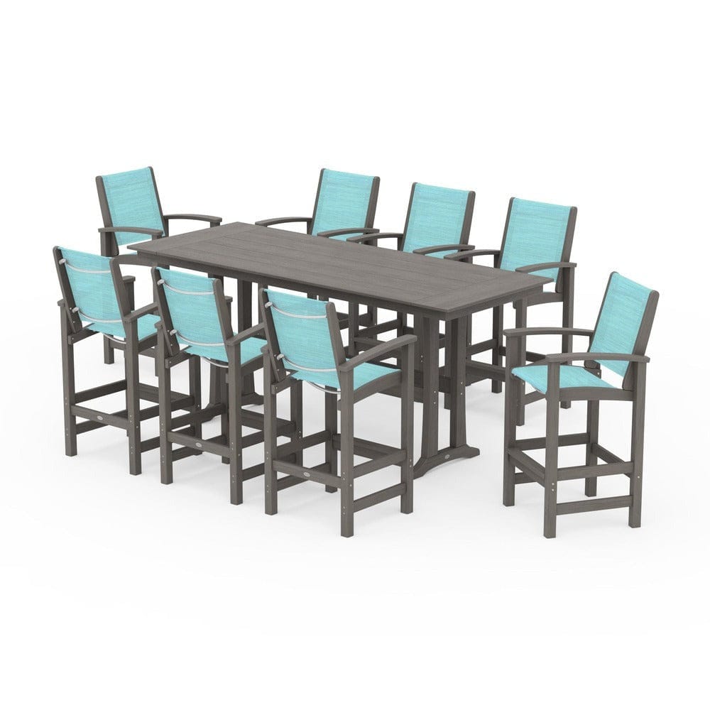 POLYWOOD® Outdoor Furniture POLYWOOD® - Coastal 9-Piece Farmhouse Bar Set with Trestle Legs - PWS1915