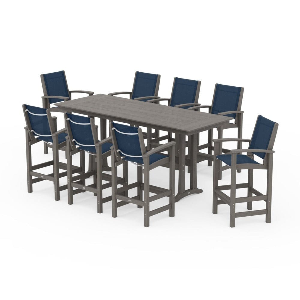 POLYWOOD® Outdoor Furniture POLYWOOD® - Coastal 9-Piece Farmhouse Bar Set with Trestle Legs - PWS1915