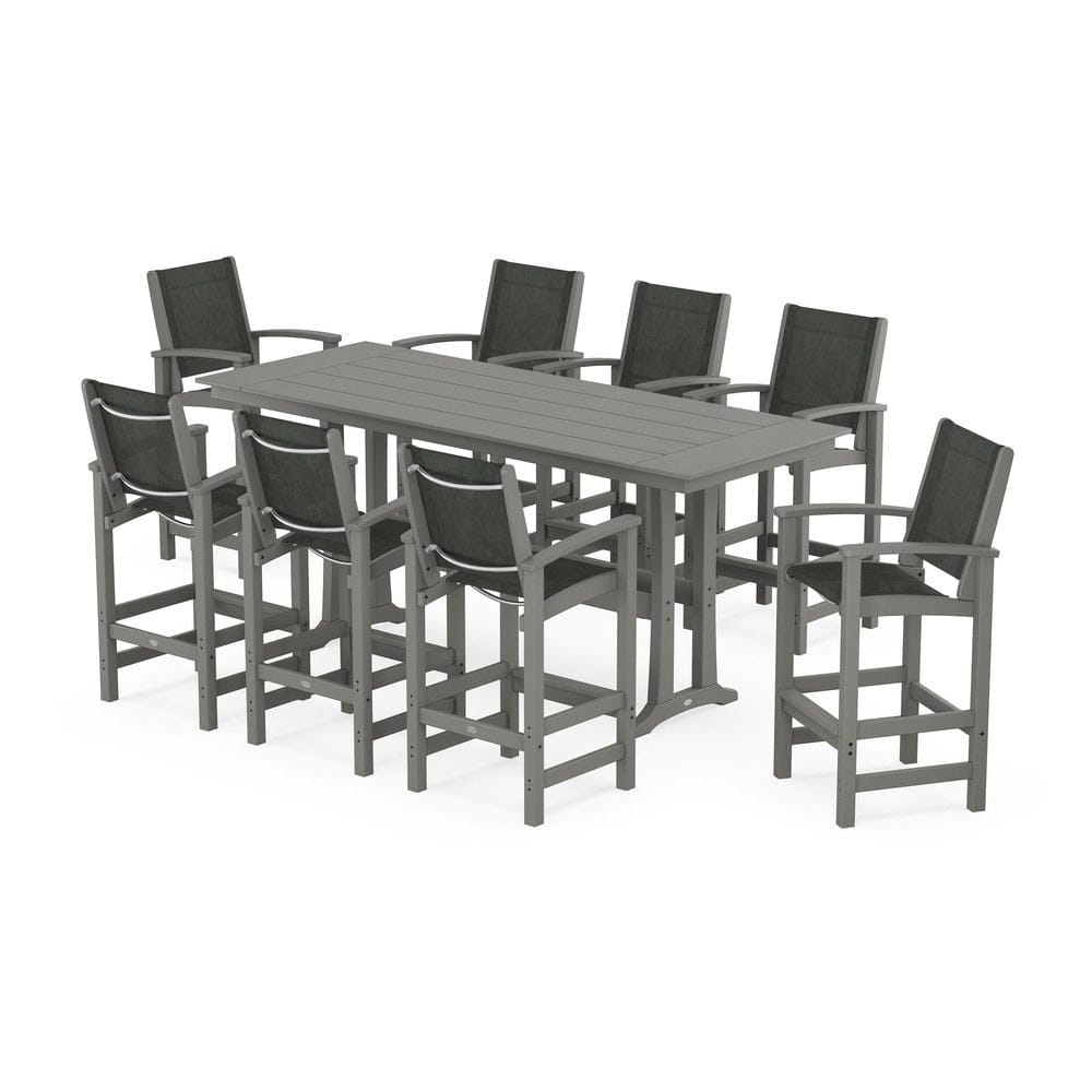 POLYWOOD® Outdoor Furniture Slate Grey / Ember Sling POLYWOOD® - Coastal 9-Piece Farmhouse Bar Set with Trestle Legs - PWS1915