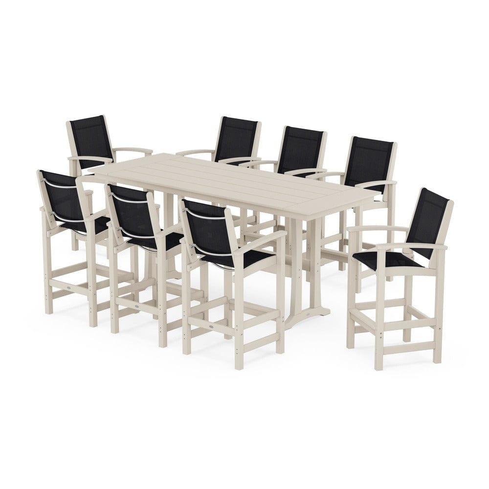 POLYWOOD® Outdoor Furniture Sand / Black Sling POLYWOOD® - Coastal 9-Piece Farmhouse Bar Set with Trestle Legs - PWS1915