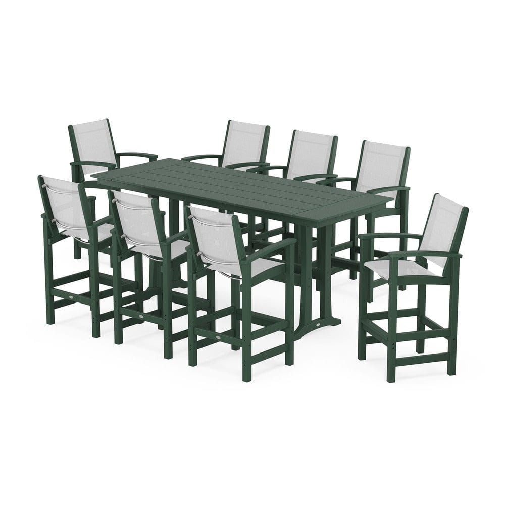 POLYWOOD® Outdoor Furniture Green / White Sling POLYWOOD® - Coastal 9-Piece Farmhouse Bar Set with Trestle Legs - PWS1915