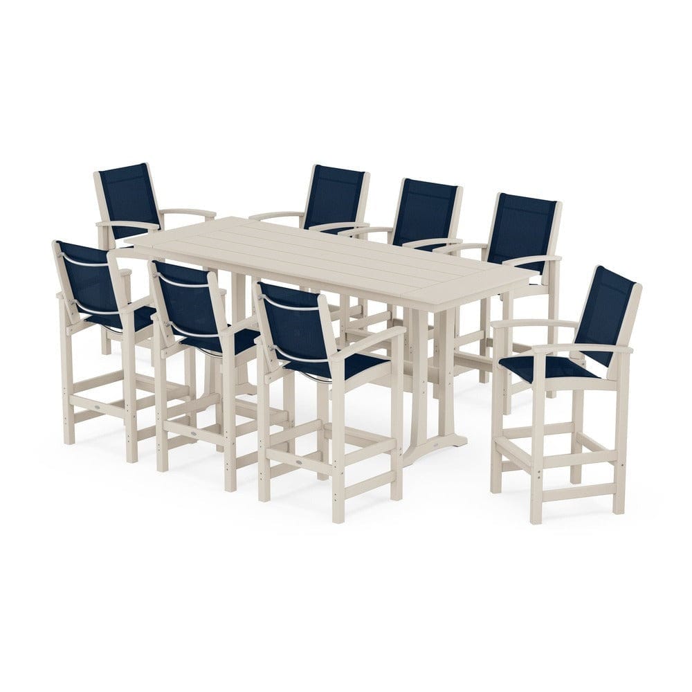 POLYWOOD® Outdoor Furniture Sand / Navy Blue Sling POLYWOOD® - Coastal 9-Piece Farmhouse Bar Set with Trestle Legs - PWS1915
