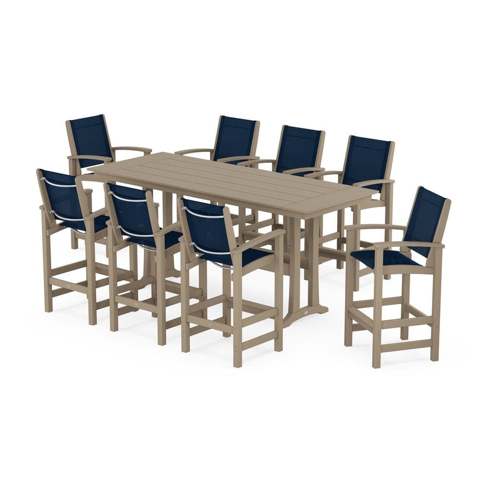 POLYWOOD® Outdoor Furniture POLYWOOD® - Coastal 9-Piece Farmhouse Bar Set with Trestle Legs - PWS1915