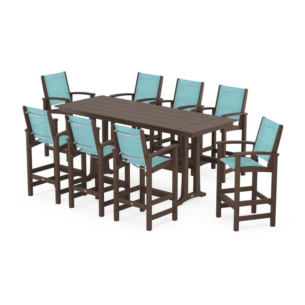 POLYWOOD® Outdoor Furniture Mahogany / Dupioni Aquamarine Sling POLYWOOD® - Coastal 9-Piece Farmhouse Bar Set with Trestle Legs - PWS1915