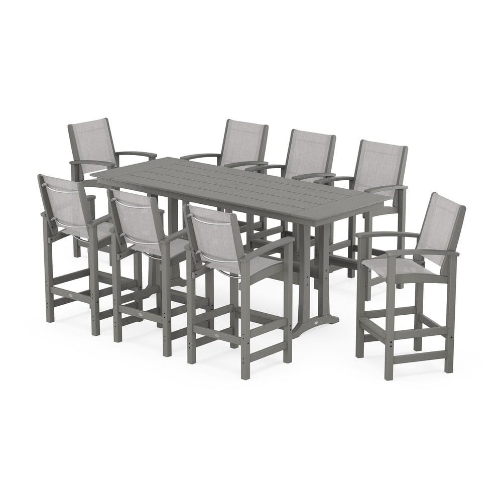 POLYWOOD® Outdoor Furniture Slate Grey / Parchment Sling POLYWOOD® - Coastal 9-Piece Farmhouse Bar Set with Trestle Legs - PWS1915