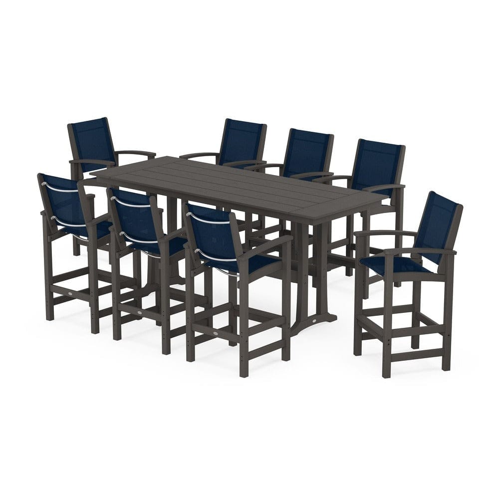 POLYWOOD® Outdoor Furniture Vintage Coffee / Navy Blue Sling POLYWOOD® - Coastal 9-Piece Farmhouse Bar Set with Trestle Legs - PWS1915
