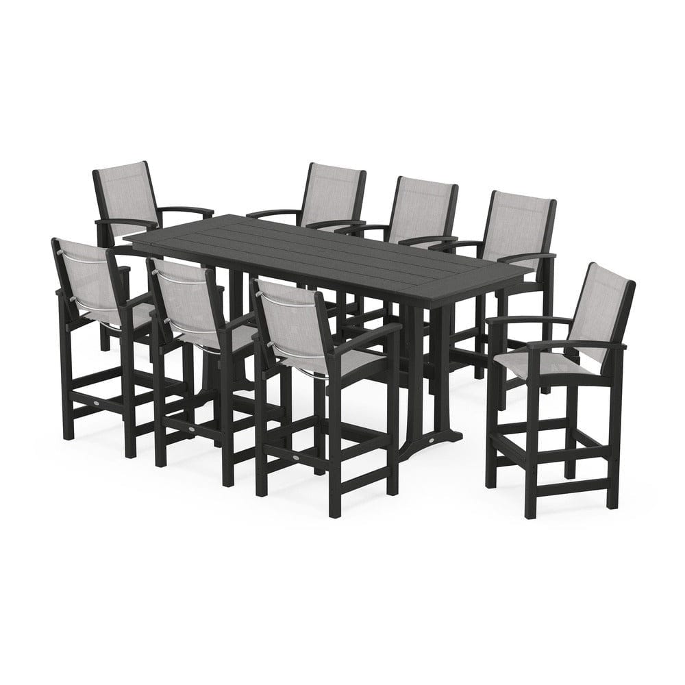 POLYWOOD® Outdoor Furniture Black / Parchment Sling POLYWOOD® - Coastal 9-Piece Farmhouse Bar Set with Trestle Legs - PWS1915