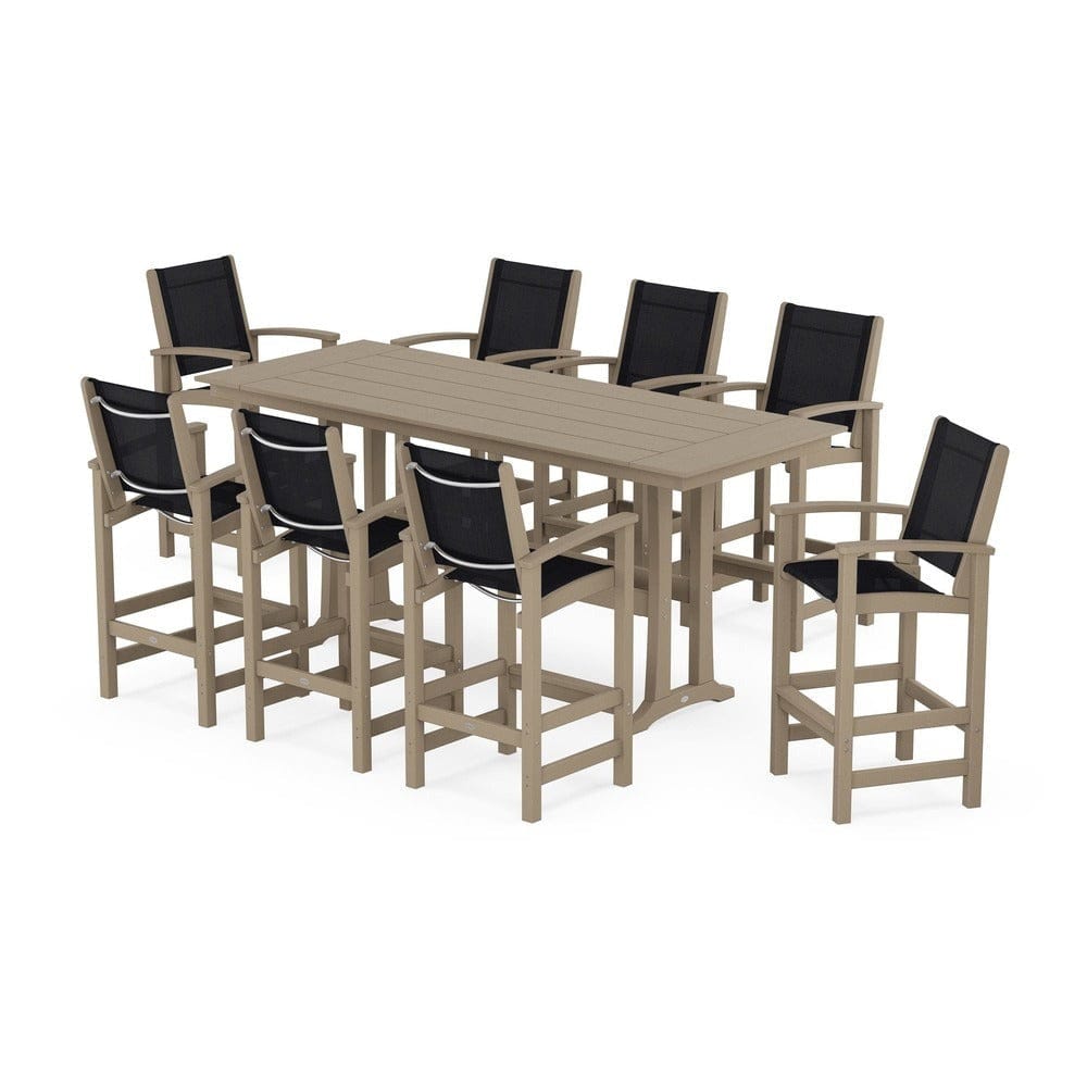 POLYWOOD® Outdoor Furniture Vintage Sahara / Black Sling POLYWOOD® - Coastal 9-Piece Farmhouse Bar Set with Trestle Legs - PWS1915