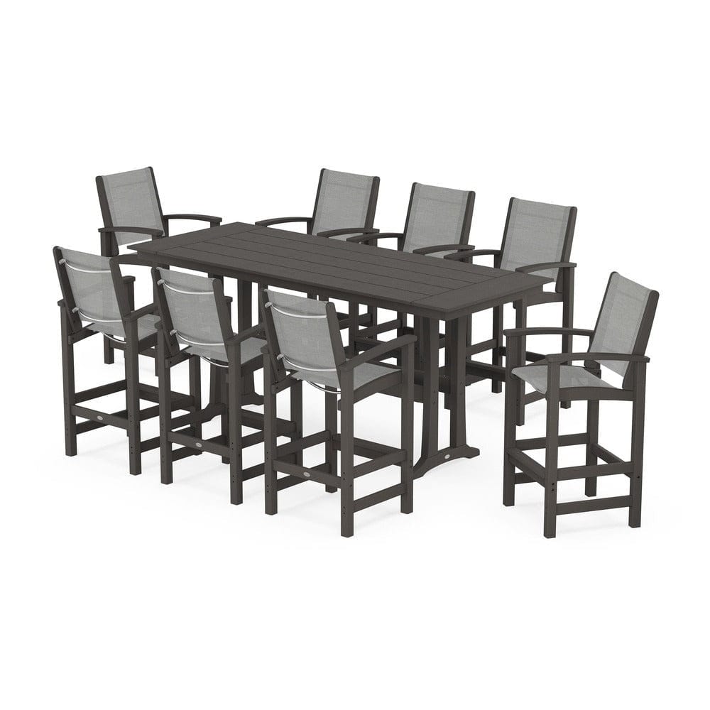 POLYWOOD® Outdoor Furniture Vintage Coffee / Metallic Sling POLYWOOD® - Coastal 9-Piece Farmhouse Bar Set with Trestle Legs - PWS1915
