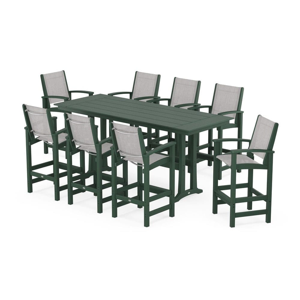 POLYWOOD® Outdoor Furniture Green / Parchment Sling POLYWOOD® - Coastal 9-Piece Farmhouse Bar Set with Trestle Legs - PWS1915