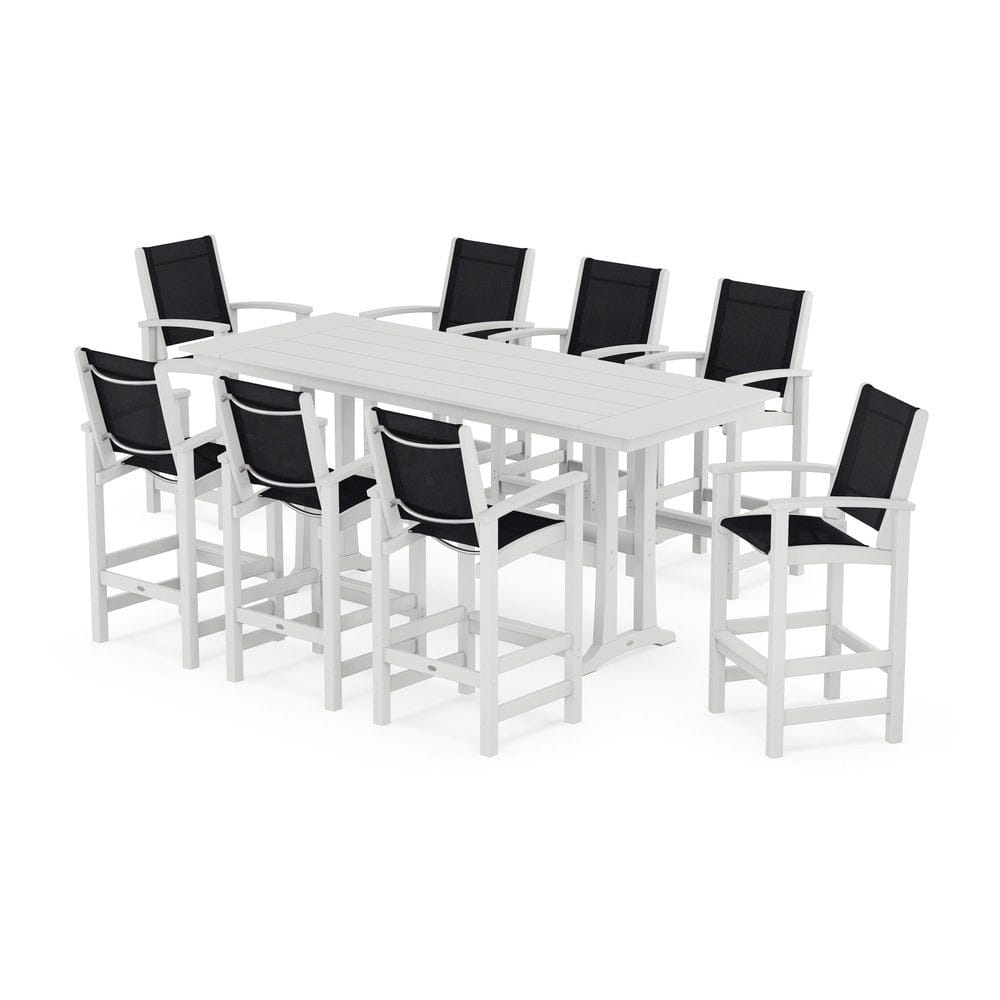 POLYWOOD® Outdoor Furniture White / Black Sling POLYWOOD® - Coastal 9-Piece Farmhouse Bar Set with Trestle Legs - PWS1915