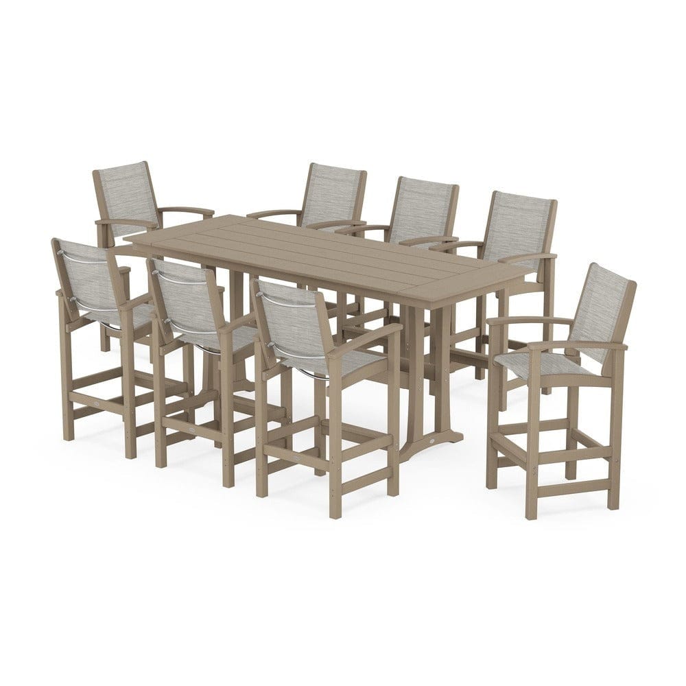 POLYWOOD® Outdoor Furniture Vintage Sahara / Birch Sling POLYWOOD® - Coastal 9-Piece Farmhouse Bar Set with Trestle Legs - PWS1915