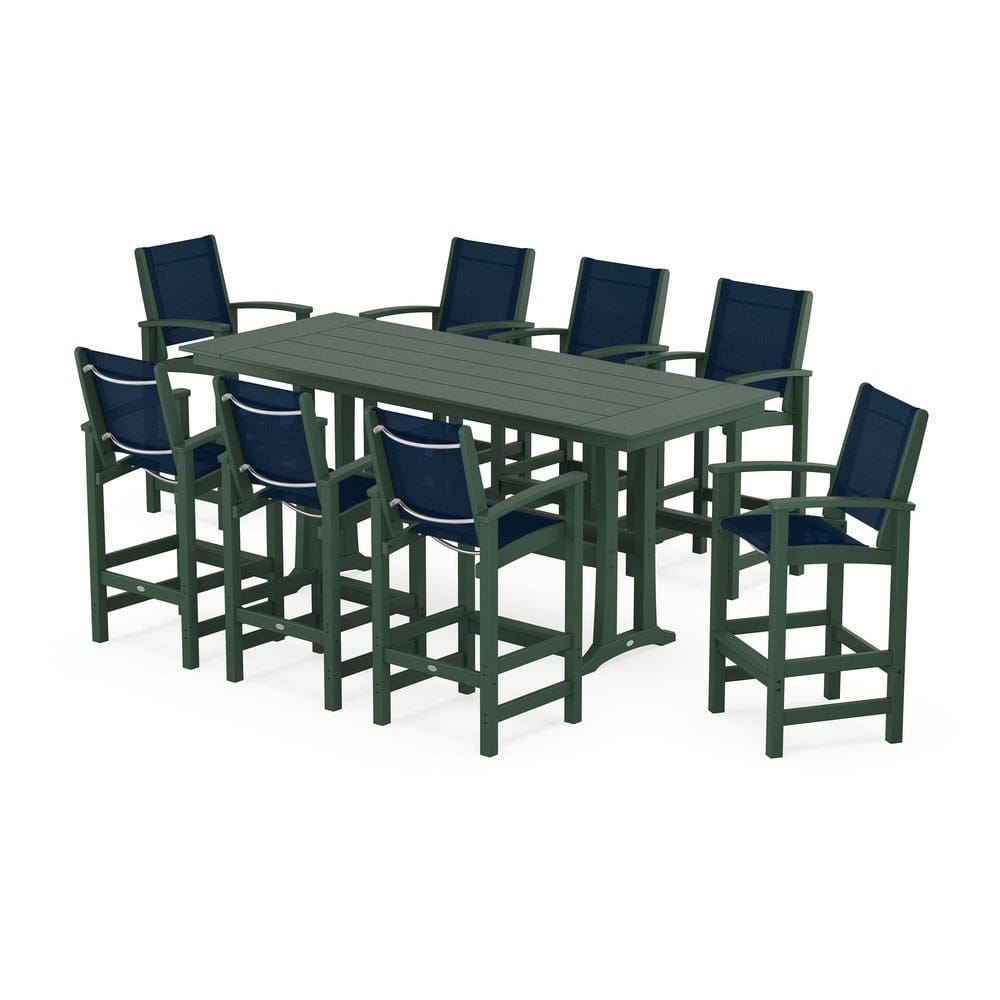 POLYWOOD® Outdoor Furniture Green / Navy Blue Sling POLYWOOD® - Coastal 9-Piece Farmhouse Bar Set with Trestle Legs - PWS1915