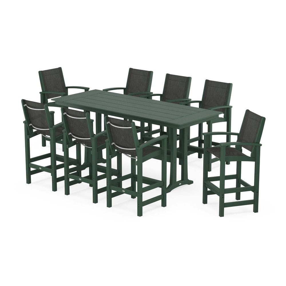 POLYWOOD® Outdoor Furniture Green / Ember Sling POLYWOOD® - Coastal 9-Piece Farmhouse Bar Set with Trestle Legs - PWS1915