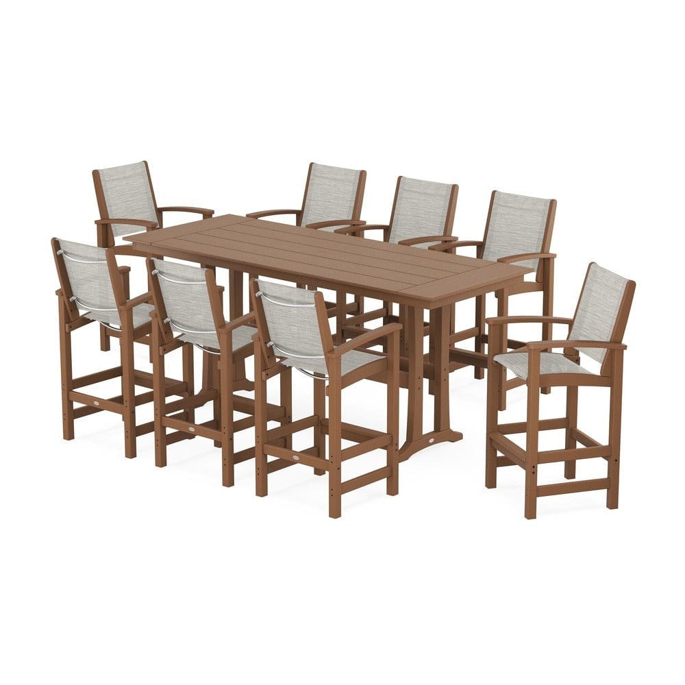 POLYWOOD® Outdoor Furniture Teak / Birch Sling POLYWOOD® - Coastal 9-Piece Farmhouse Bar Set with Trestle Legs - PWS1915