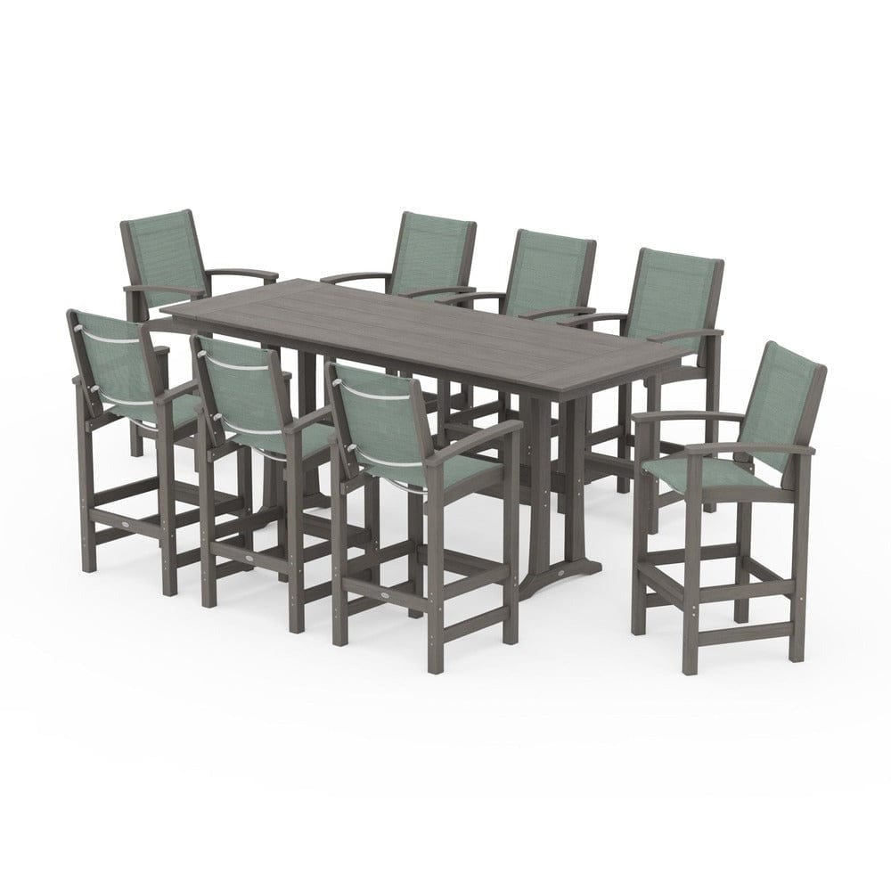 POLYWOOD® Outdoor Furniture POLYWOOD® - Coastal 9-Piece Farmhouse Bar Set with Trestle Legs - PWS1915