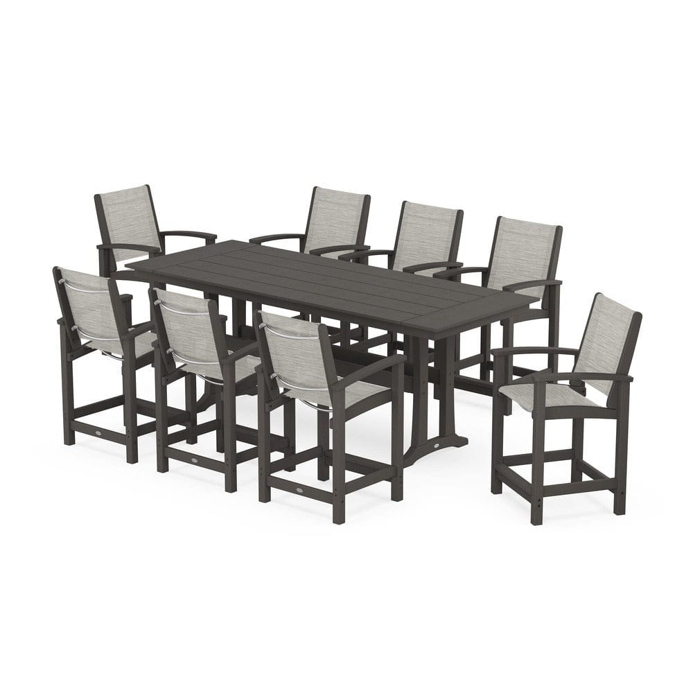 POLYWOOD® Outdoor Furniture Vintage Coffee / Birch Sling POLYWOOD® - Coastal 9-Piece Farmhouse Counter Set with Trestle Legs - PWS1898