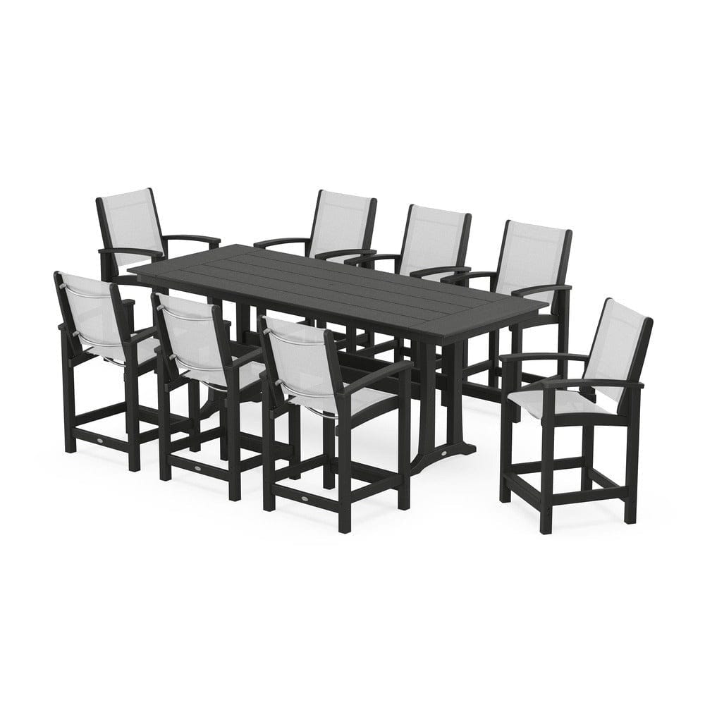 POLYWOOD® Outdoor Furniture Black / White Sling POLYWOOD® - Coastal 9-Piece Farmhouse Counter Set with Trestle Legs - PWS1898