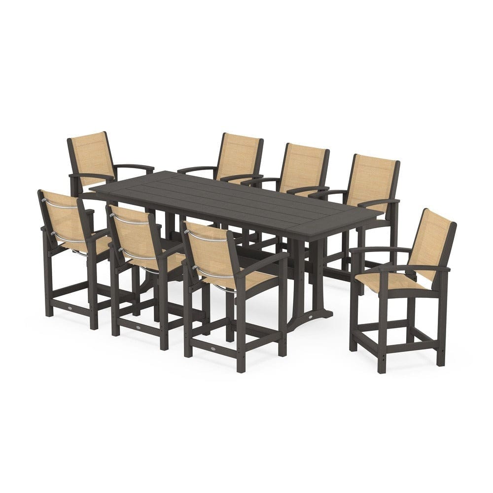POLYWOOD® Outdoor Furniture Vintage Coffee / Dupioni Apricot Sling POLYWOOD® - Coastal 9-Piece Farmhouse Counter Set with Trestle Legs - PWS1898