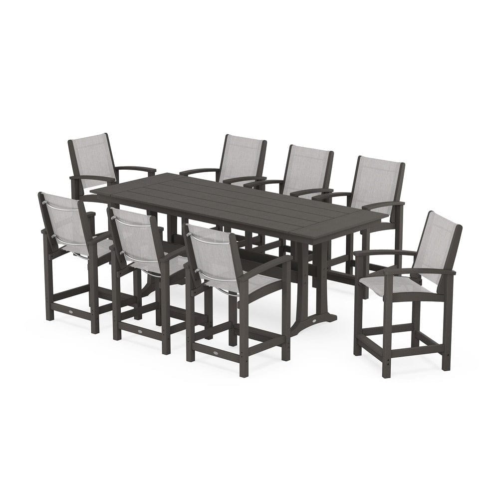 POLYWOOD® Outdoor Furniture Vintage Coffee / Parchment Sling POLYWOOD® - Coastal 9-Piece Farmhouse Counter Set with Trestle Legs - PWS1898