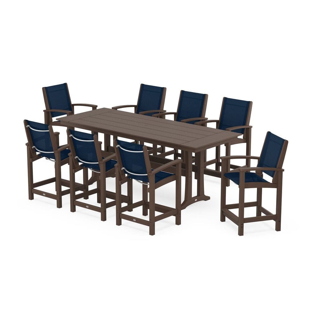 POLYWOOD® Outdoor Furniture Mahogany / Navy Blue Sling POLYWOOD® - Coastal 9-Piece Farmhouse Counter Set with Trestle Legs - PWS1898
