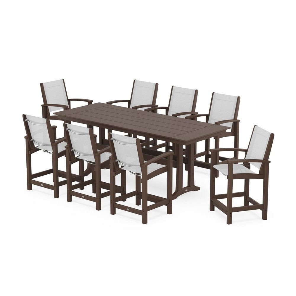 POLYWOOD® Outdoor Furniture Mahogany / White Sling POLYWOOD® - Coastal 9-Piece Farmhouse Counter Set with Trestle Legs - PWS1898