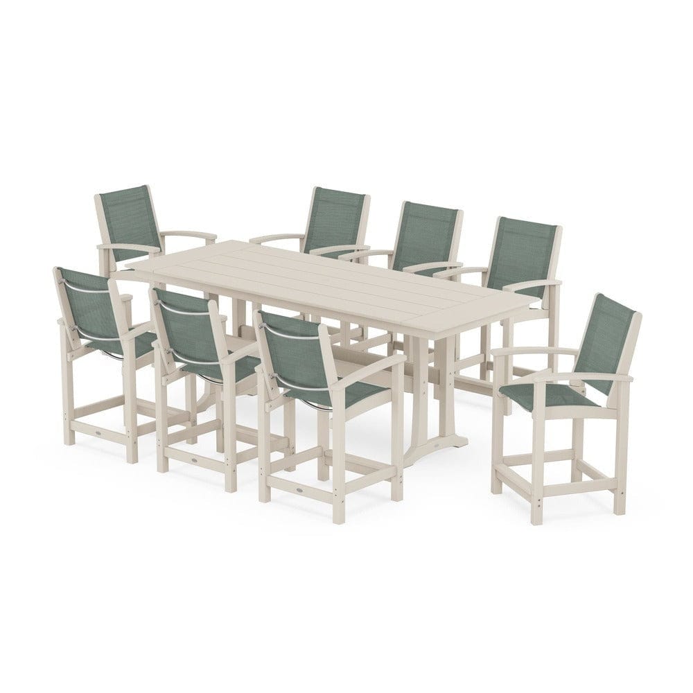 POLYWOOD® Outdoor Furniture Sand / Dupioni Sea Mist Sling POLYWOOD® - Coastal 9-Piece Farmhouse Counter Set with Trestle Legs - PWS1898