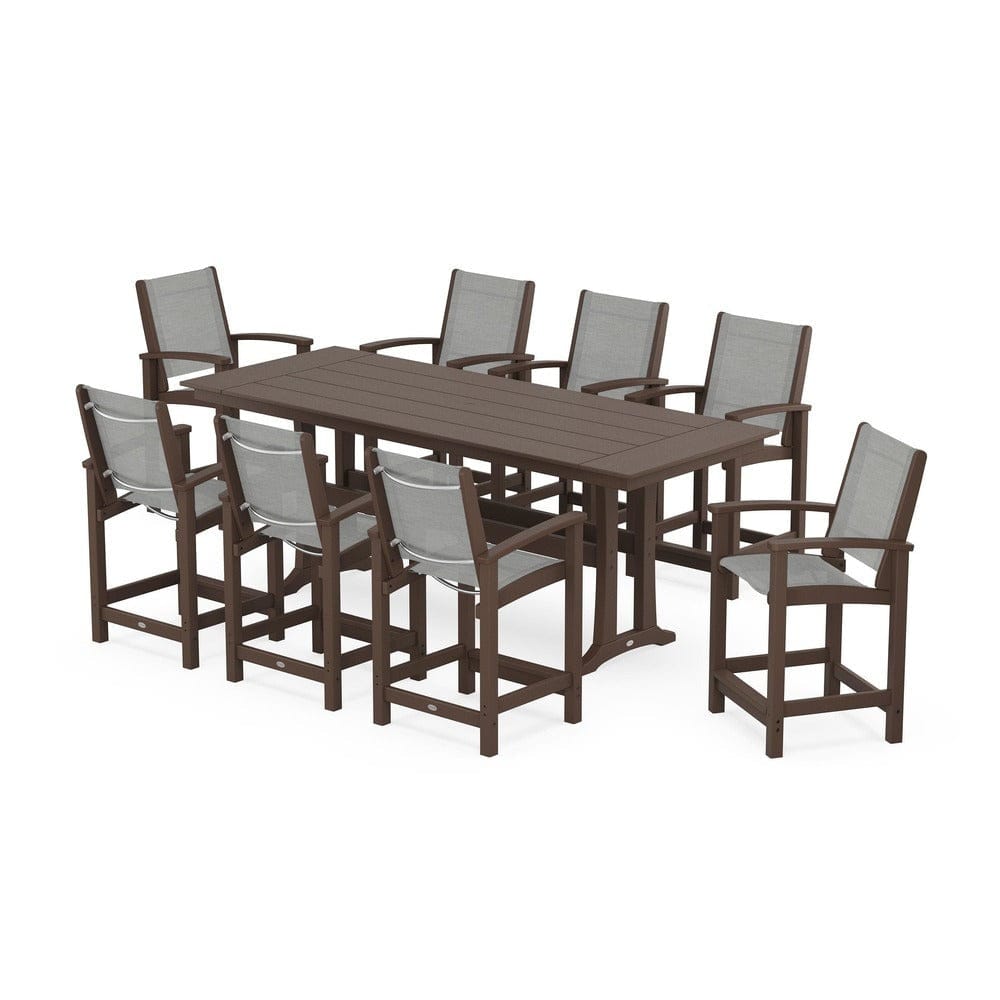 POLYWOOD® Outdoor Furniture Mahogany / Metallic Sling POLYWOOD® - Coastal 9-Piece Farmhouse Counter Set with Trestle Legs - PWS1898