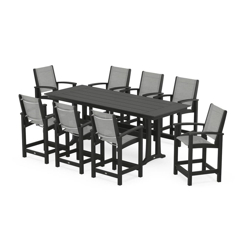 POLYWOOD® Outdoor Furniture Black / Metallic Sling POLYWOOD® - Coastal 9-Piece Farmhouse Counter Set with Trestle Legs - PWS1898