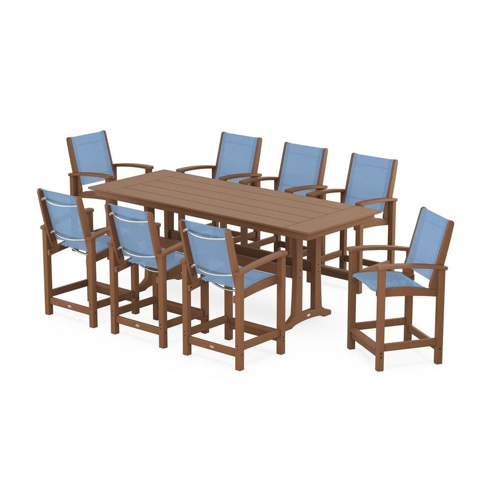 POLYWOOD® Outdoor Furniture Teak / Poolside Sling POLYWOOD® - Coastal 9-Piece Farmhouse Counter Set with Trestle Legs - PWS1898
