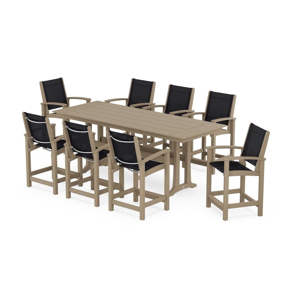 POLYWOOD® Outdoor Furniture Vintage Sahara / Black Sling POLYWOOD® - Coastal 9-Piece Farmhouse Counter Set with Trestle Legs - PWS1898