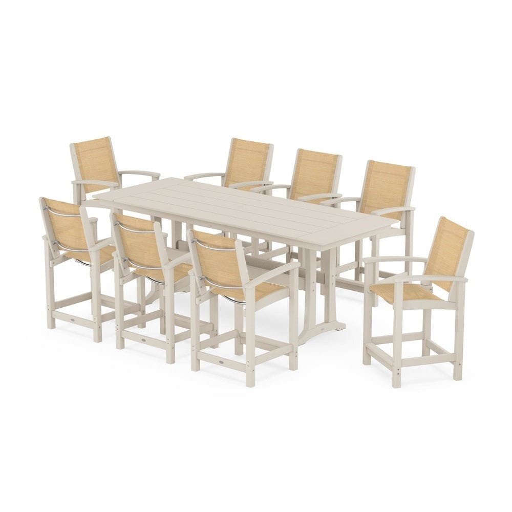 POLYWOOD® Outdoor Furniture Sand / Dupioni Apricot Sling POLYWOOD® - Coastal 9-Piece Farmhouse Counter Set with Trestle Legs - PWS1898