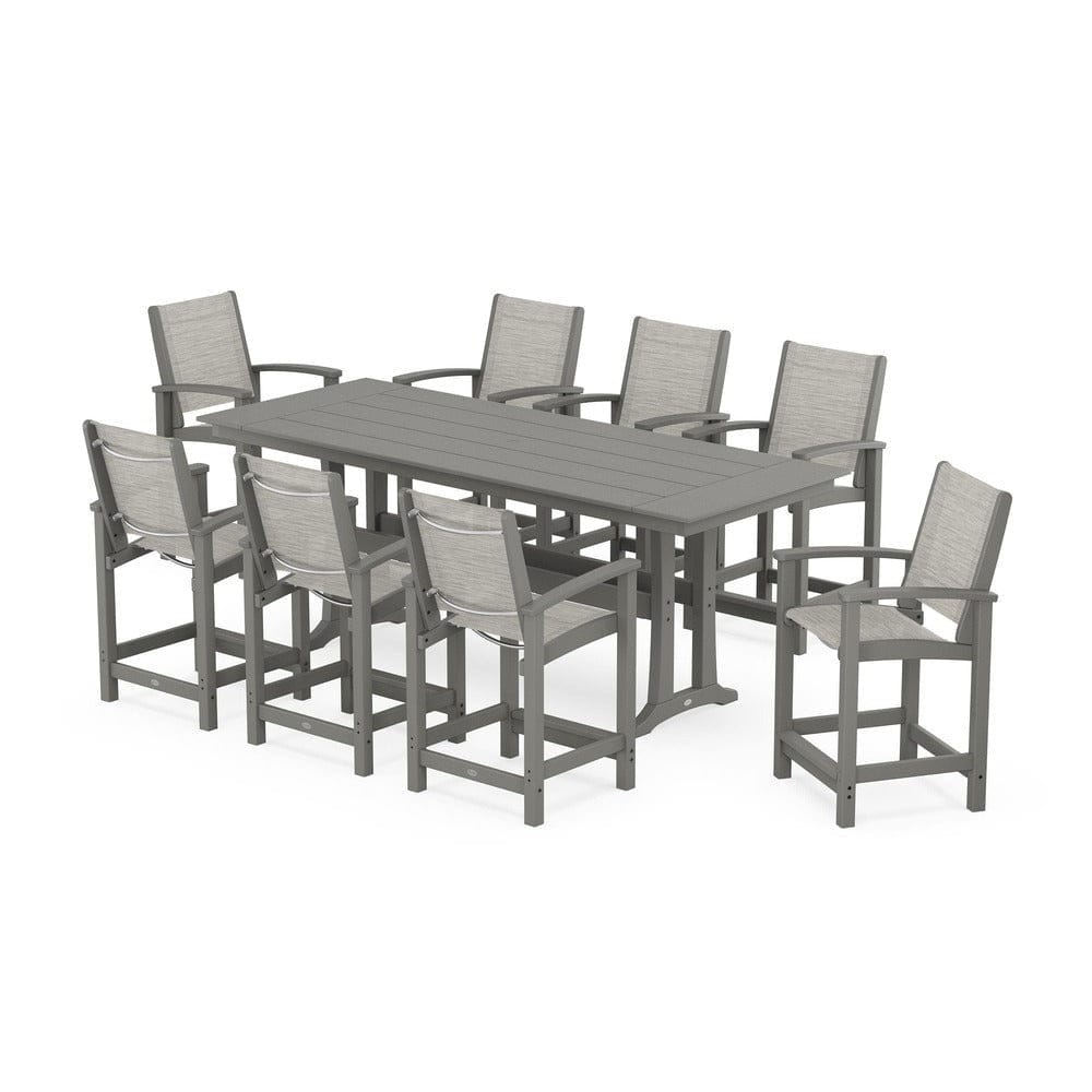 POLYWOOD® Outdoor Furniture Slate Grey / Birch Sling POLYWOOD® - Coastal 9-Piece Farmhouse Counter Set with Trestle Legs - PWS1898