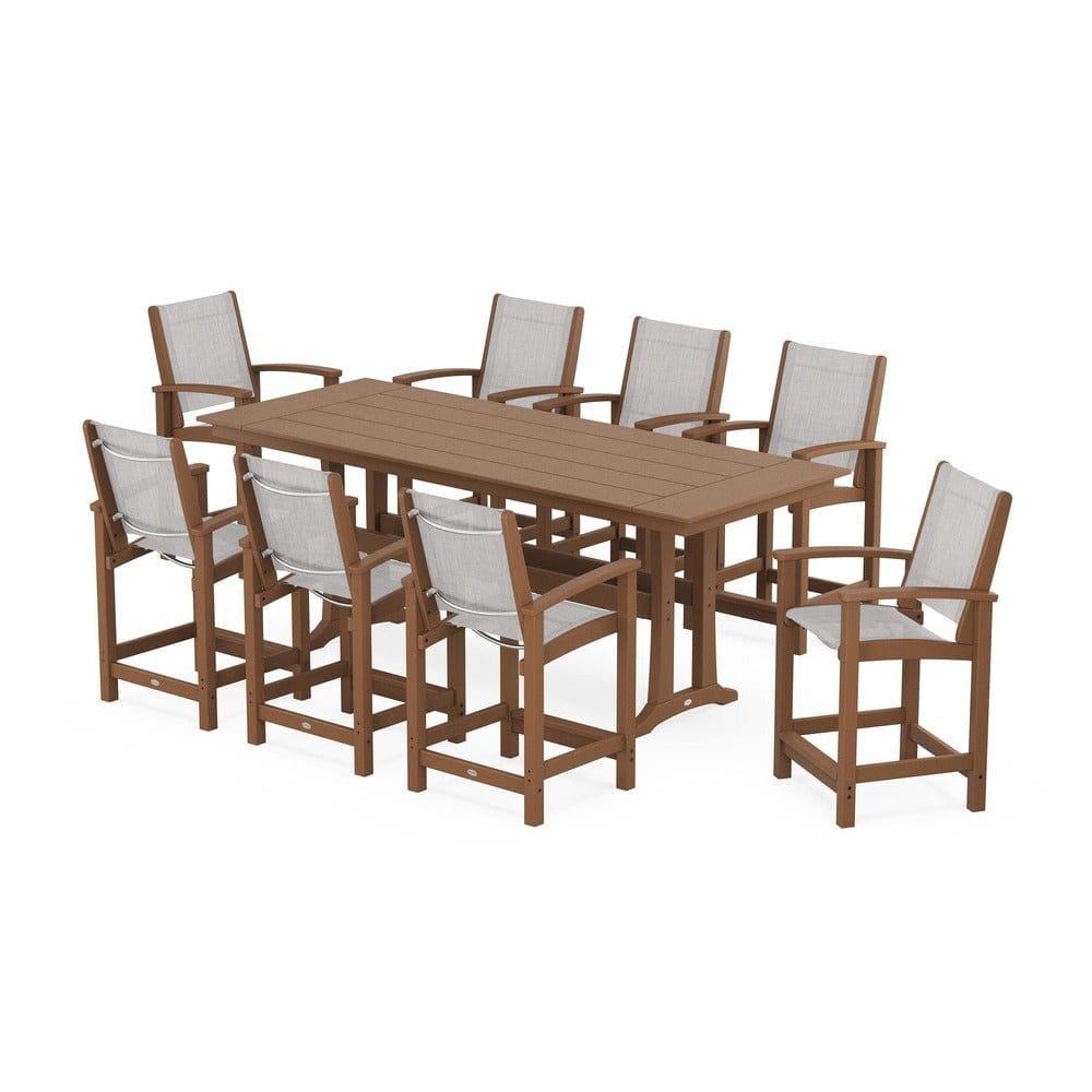 POLYWOOD® Outdoor Furniture Teak / Parchment Sling POLYWOOD® - Coastal 9-Piece Farmhouse Counter Set with Trestle Legs - PWS1898