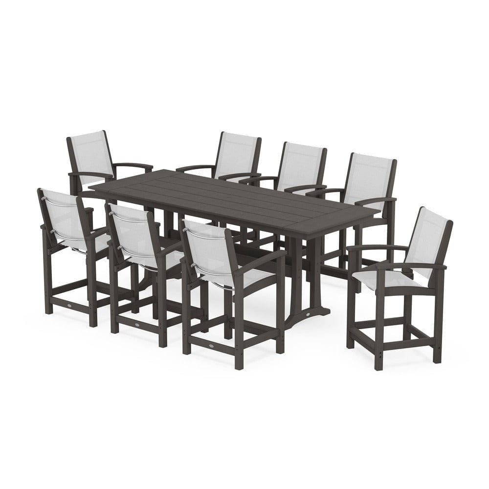 POLYWOOD® Outdoor Furniture Vintage Coffee / White Sling POLYWOOD® - Coastal 9-Piece Farmhouse Counter Set with Trestle Legs - PWS1898