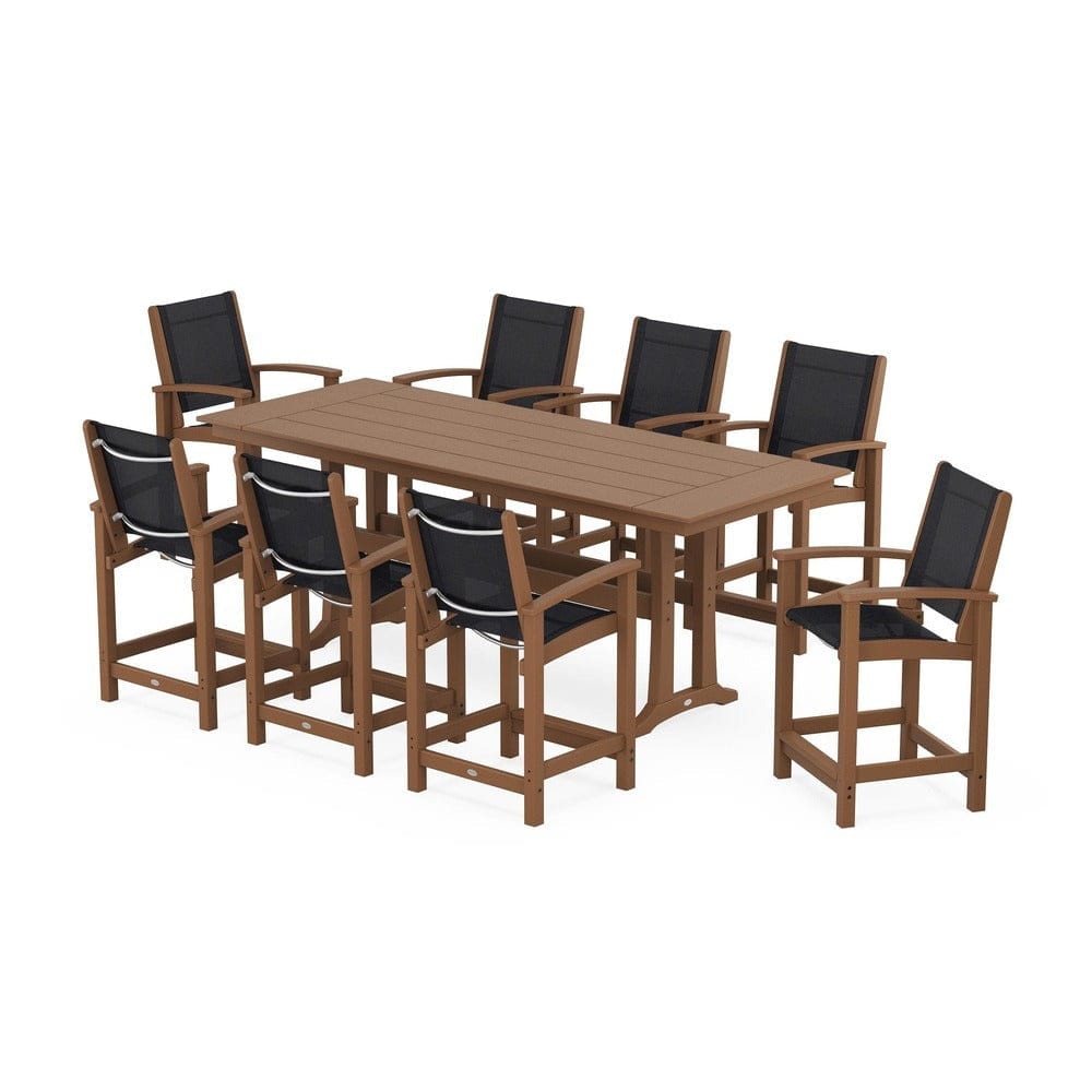 POLYWOOD® Outdoor Furniture Teak / Black Sling POLYWOOD® - Coastal 9-Piece Farmhouse Counter Set with Trestle Legs - PWS1898