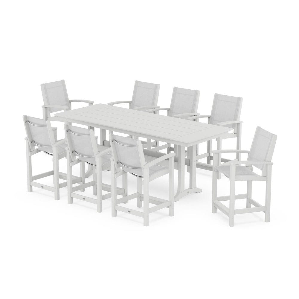 POLYWOOD® Outdoor Furniture White / White Sling POLYWOOD® - Coastal 9-Piece Farmhouse Counter Set with Trestle Legs - PWS1898