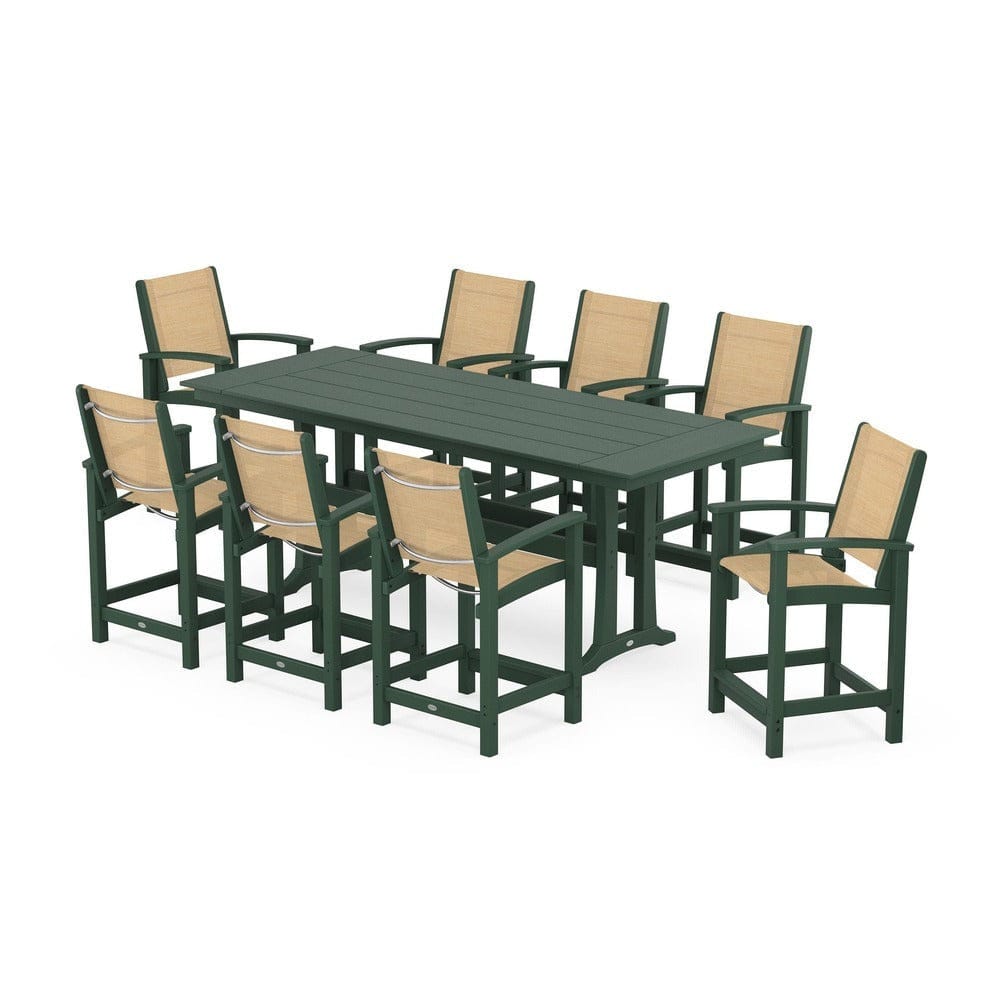 POLYWOOD® Outdoor Furniture Green / Dupioni Apricot Sling POLYWOOD® - Coastal 9-Piece Farmhouse Counter Set with Trestle Legs - PWS1898