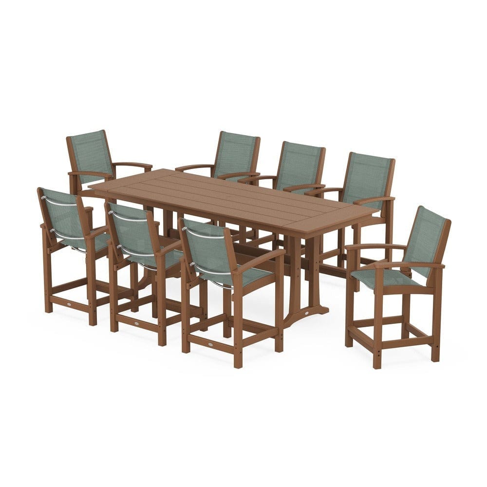 POLYWOOD® Outdoor Furniture Teak / Dupioni Sea Mist Sling POLYWOOD® - Coastal 9-Piece Farmhouse Counter Set with Trestle Legs - PWS1898