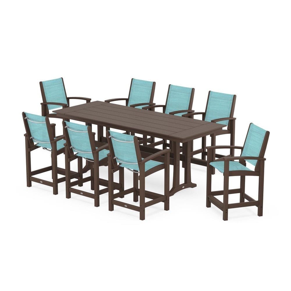 POLYWOOD® Outdoor Furniture Mahogany / Dupioni Aquamarine Sling POLYWOOD® - Coastal 9-Piece Farmhouse Counter Set with Trestle Legs - PWS1898