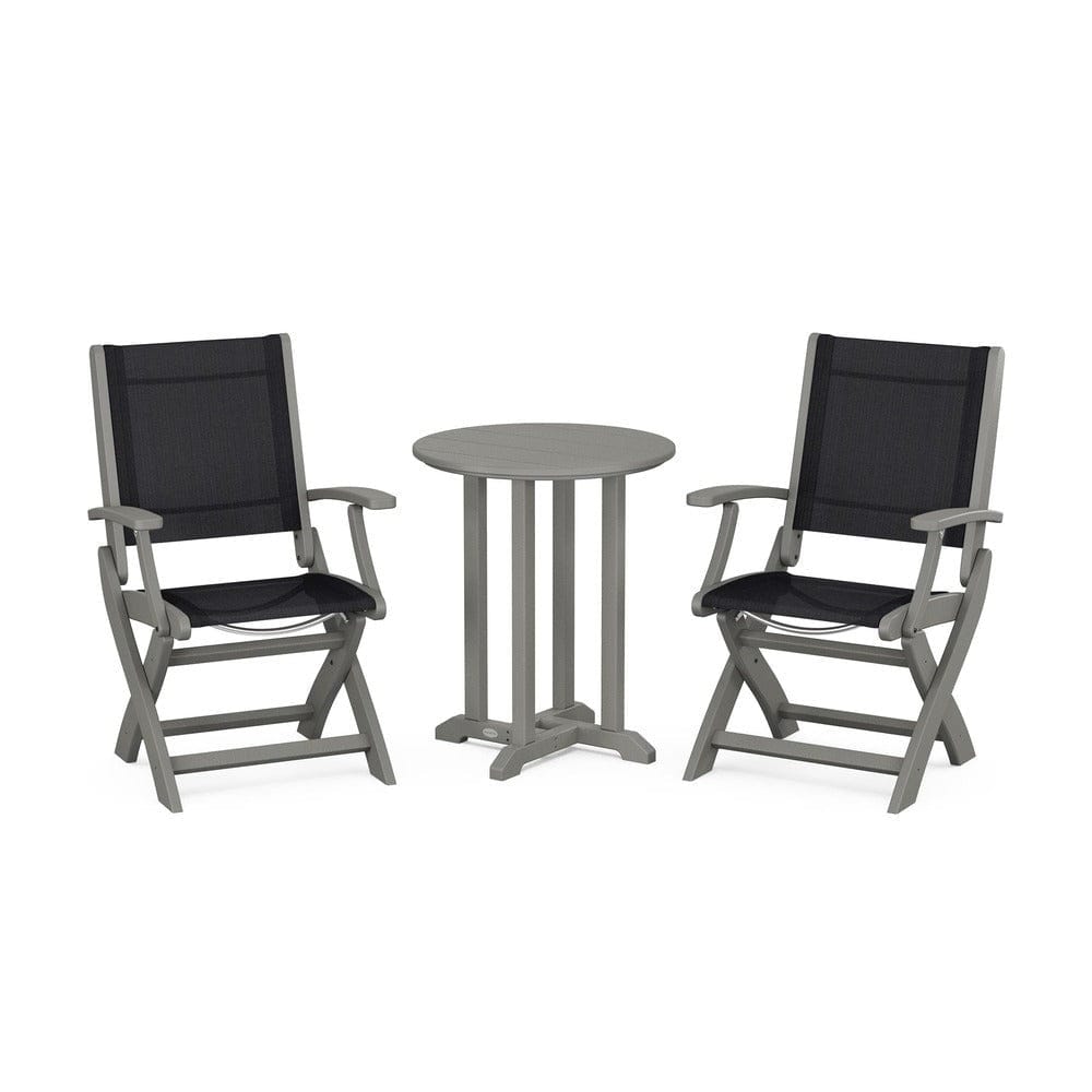 POLYWOOD® Outdoor Furniture Slate Grey / Black Sling POLYWOOD® - Coastal Folding 3-Piece Round Bistro Dining Set - PWS1295