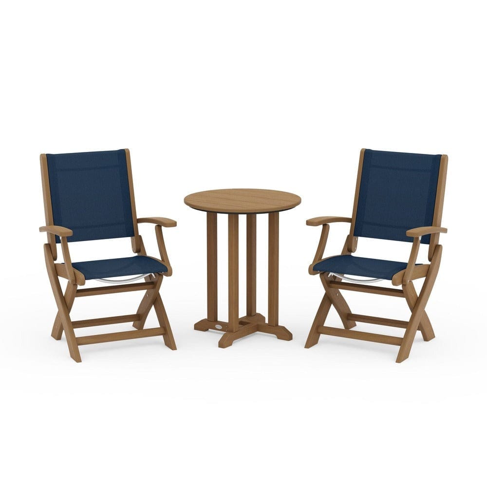 POLYWOOD® Outdoor Furniture Natural / Navy Blue Sling POLYWOOD® - Coastal Folding 3-Piece Round Bistro Dining Set - PWS1295
