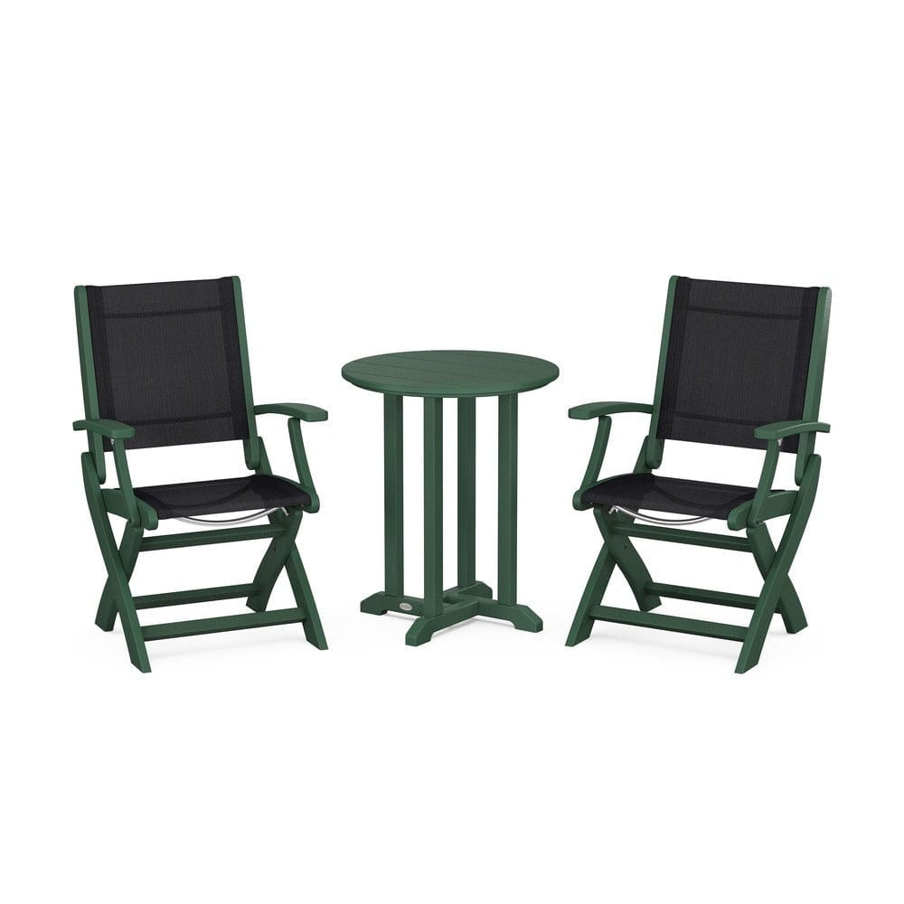 POLYWOOD® Outdoor Furniture Green / Black Sling POLYWOOD® - Coastal Folding 3-Piece Round Bistro Dining Set - PWS1295