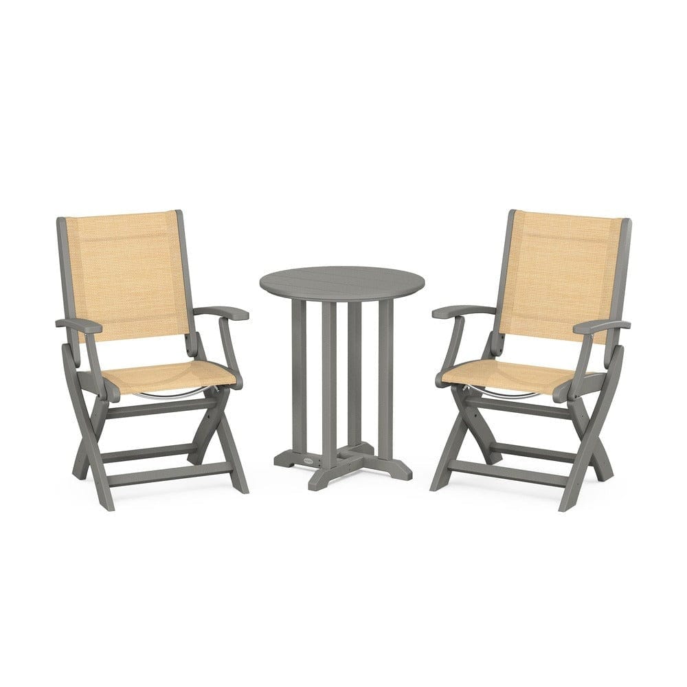 POLYWOOD® Outdoor Furniture Slate Grey / Dupioni Apricot Sling POLYWOOD® - Coastal Folding 3-Piece Round Bistro Dining Set - PWS1295