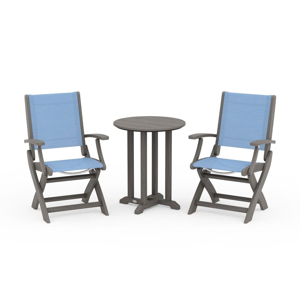 POLYWOOD® Outdoor Furniture Driftwood / Poolside Sling POLYWOOD® - Coastal Folding 3-Piece Round Bistro Dining Set - PWS1295