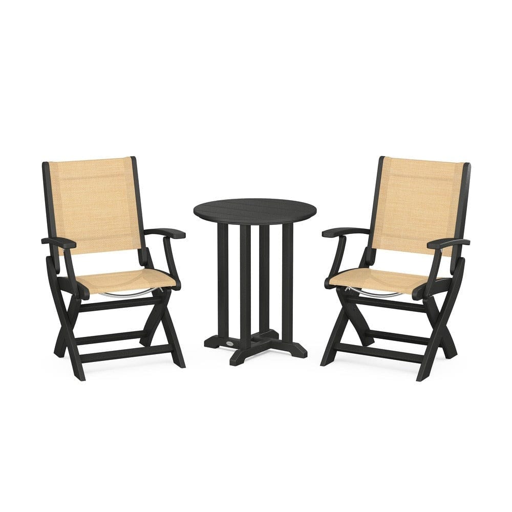 POLYWOOD® Outdoor Furniture Black / Dupioni Apricot Sling POLYWOOD® - Coastal Folding 3-Piece Round Bistro Dining Set - PWS1295