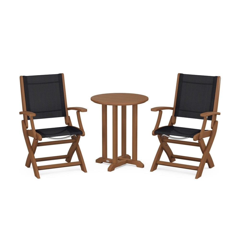POLYWOOD® Outdoor Furniture Teak / Black Sling POLYWOOD® - Coastal Folding 3-Piece Round Bistro Dining Set - PWS1295