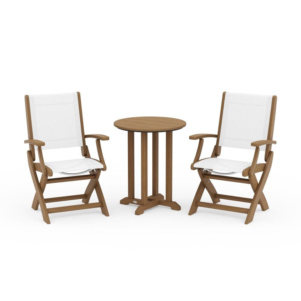 POLYWOOD® Outdoor Furniture Natural / White Sling POLYWOOD® - Coastal Folding 3-Piece Round Bistro Dining Set - PWS1295